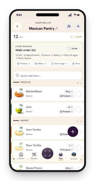 A store-ordered shopping list, scored aisle by aisle